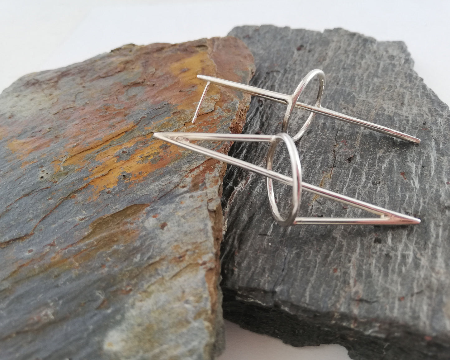 Silver geometric sculptural earrings by Inplico Design. Geometric Structure 1 handmade by Roz Adams